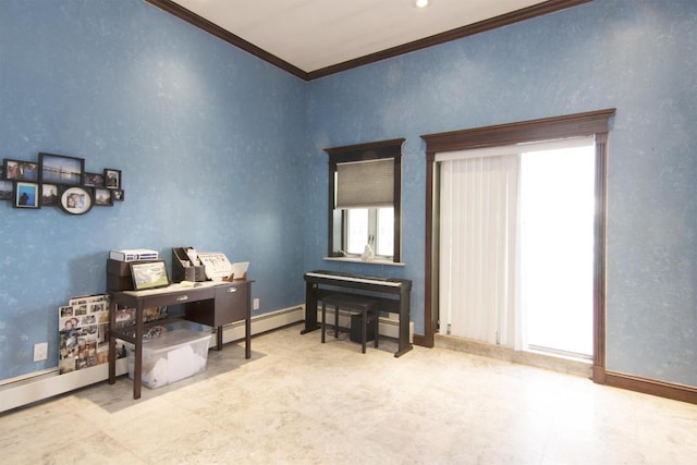 home office featuring baseboards, baseboard heating, and crown molding