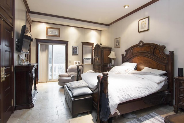 bedroom featuring access to outside, stone tile flooring, and crown molding