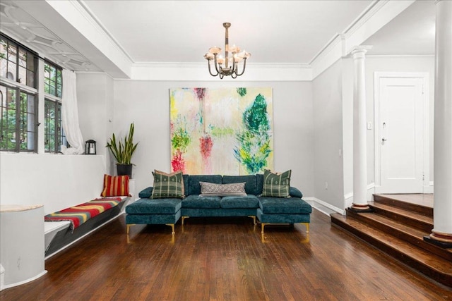 interior space with dark wood-type flooring, ornamental molding, and a notable chandelier