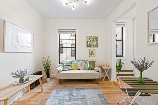 living area featuring an inviting chandelier, light hardwood / wood-style flooring, and a healthy amount of sunlight