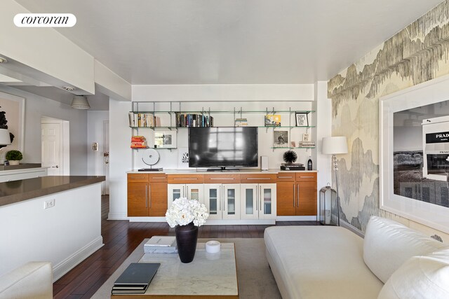 living room with dark hardwood / wood-style floors