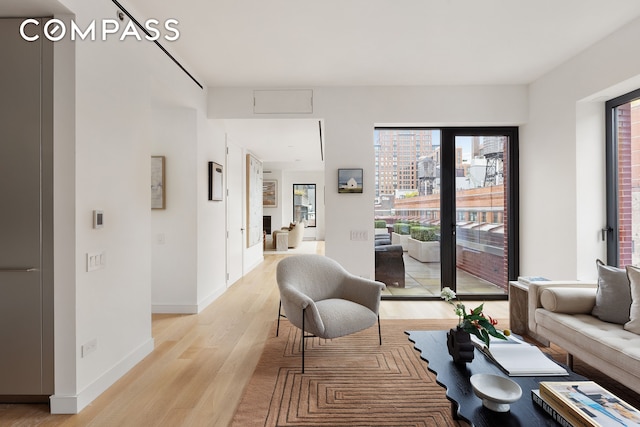 living room featuring baseboards and light wood-style flooring