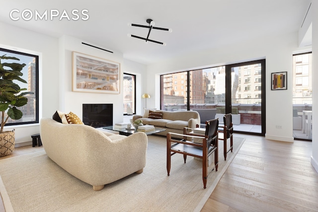 living area featuring a glass covered fireplace, baseboards, and wood finished floors