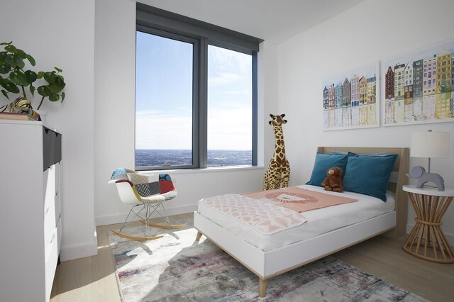 bedroom with baseboards and wood finished floors