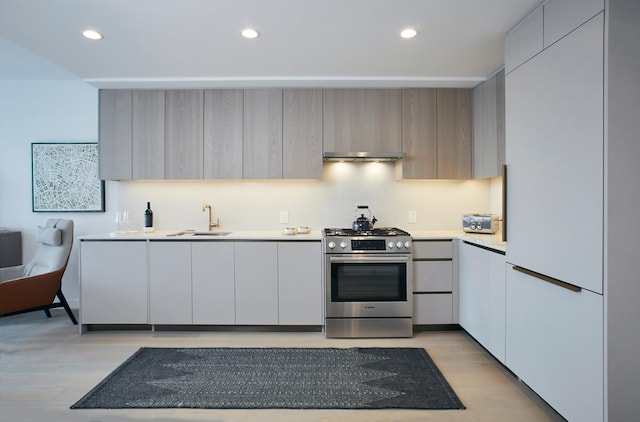 kitchen with stainless steel gas range, light wood-style flooring, recessed lighting, light countertops, and modern cabinets