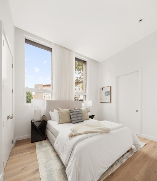 bedroom featuring light hardwood / wood-style floors and multiple windows