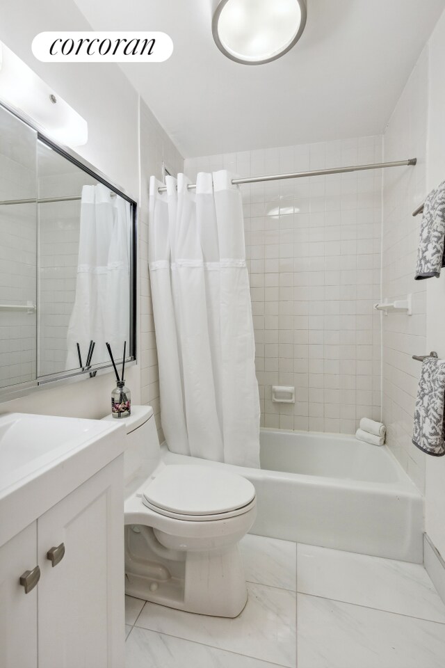 407 Park Ave S Unit 17F, New York City, NY 10016 - full bath featuring shower / bath combo, vanity, and marble look tile flooring