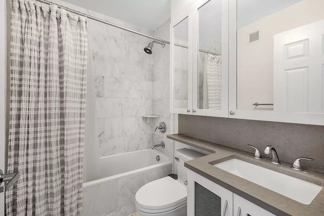 bathroom with toilet, shower / bath combo, vanity, and visible vents