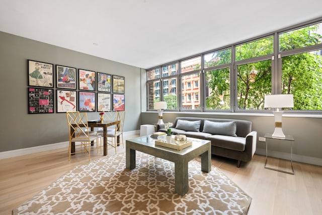 living room with a wall of windows, a notable chandelier, and light wood-type flooring