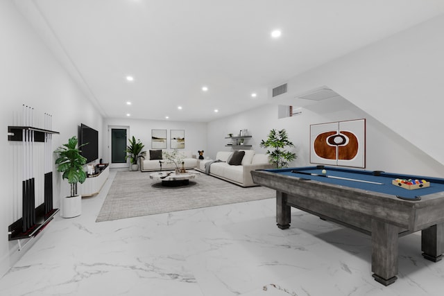 rec room featuring recessed lighting, visible vents, marble finish floor, and pool table