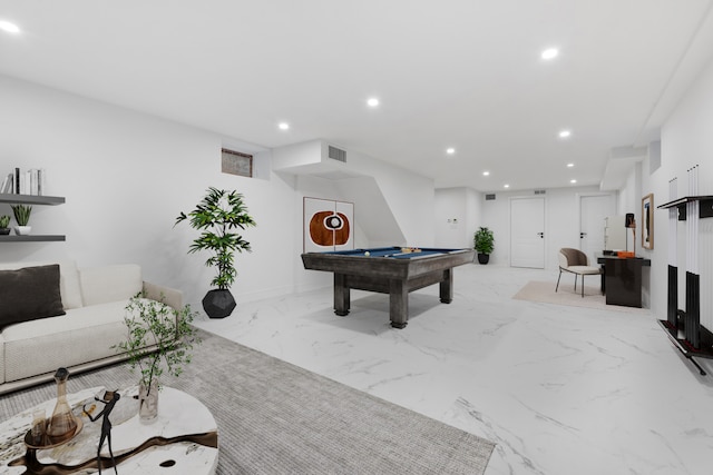 rec room with visible vents, recessed lighting, pool table, and marble finish floor