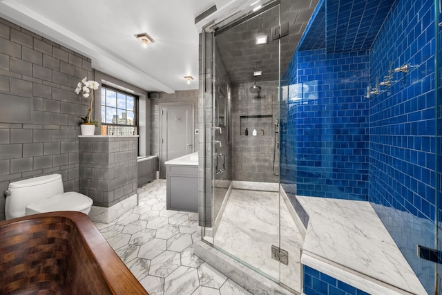 bathroom with toilet, vanity, tile walls, marble finish floor, and a stall shower