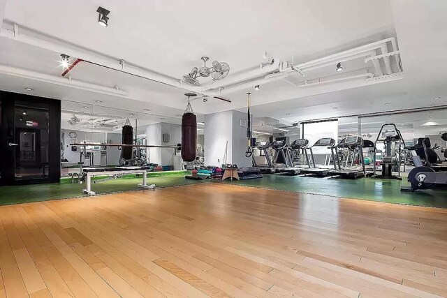 gym featuring golf simulator and wood-type flooring