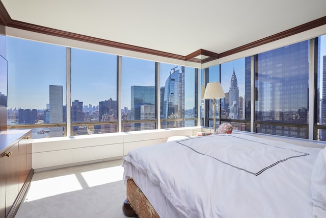 bedroom with a view of city, carpet flooring, and ornamental molding