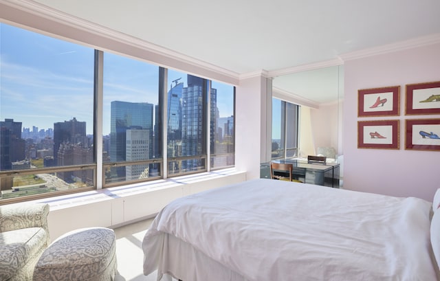 bedroom with a city view and crown molding