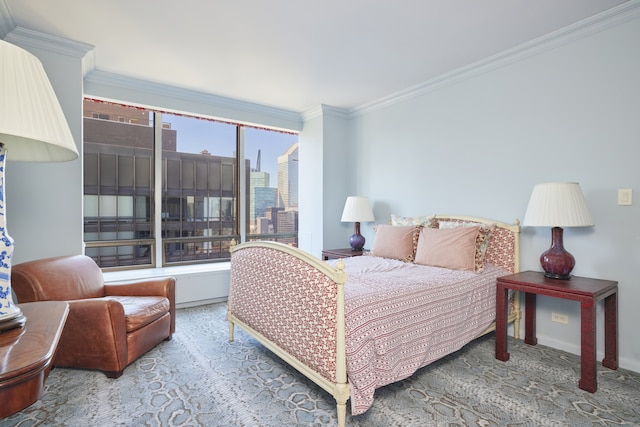 bedroom featuring ornamental molding, baseboards, and a city view