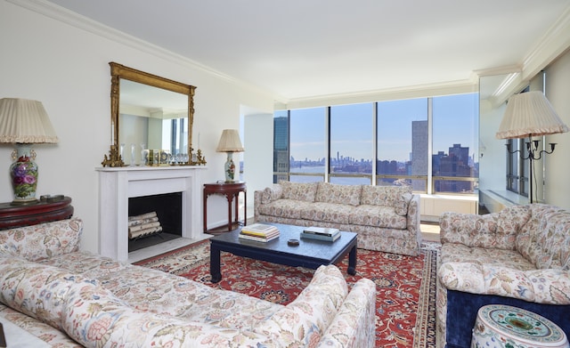 living area featuring a city view, crown molding, and a fireplace with flush hearth