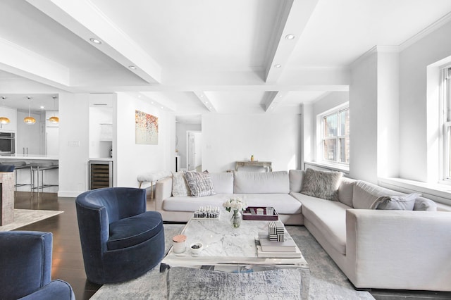 229 E 79th St Unit 7-Ab, New York City, NY 10075 - living room with beverage cooler, wood finished floors, beamed ceiling, coffered ceiling, and recessed lighting