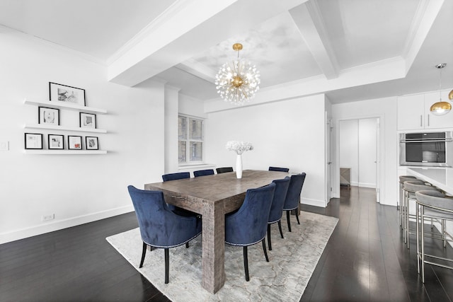 229 E 79th St Unit 7-Ab, New York City, NY 10075 - dining room with a chandelier, dark wood-style floors, ornamental molding, baseboards, and beamed ceiling