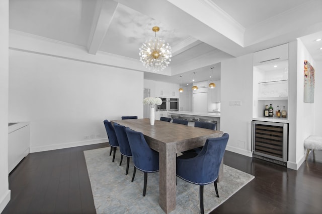 229 E 79th St Unit 7-Ab, New York City, NY 10075 - dining room with wine cooler, dark wood-style floors, a chandelier, a dry bar, and ornamental molding