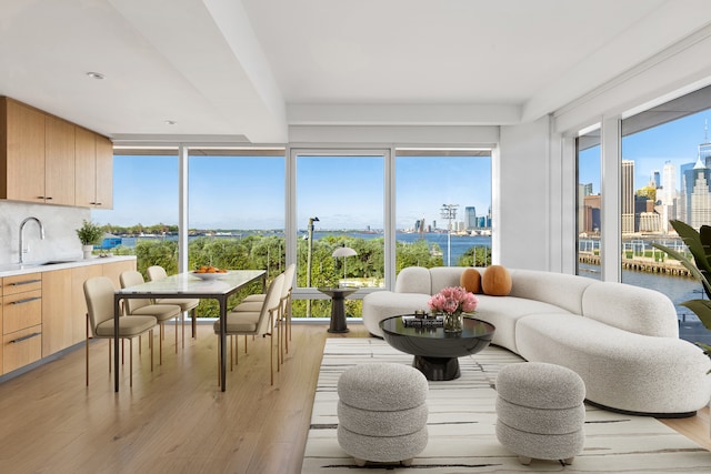 sunroom featuring a healthy amount of sunlight, a sink, and a city view