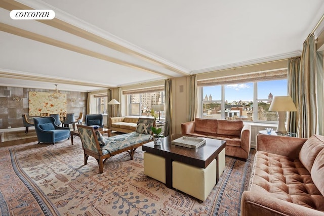 living room with ornamental molding and hardwood / wood-style floors