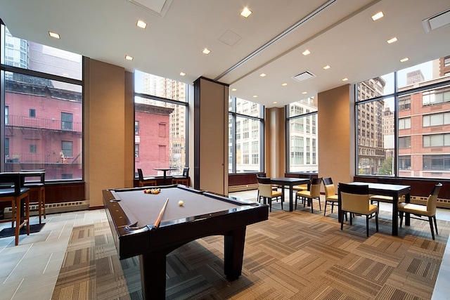 rec room featuring visible vents, light colored carpet, and billiards