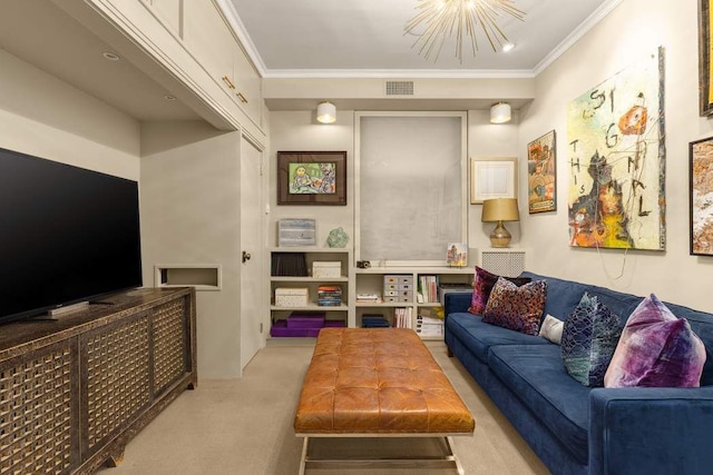 living area featuring carpet floors, visible vents, crown molding, and an inviting chandelier