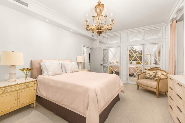 bedroom with light carpet, visible vents, ornamental molding, access to outside, and a notable chandelier