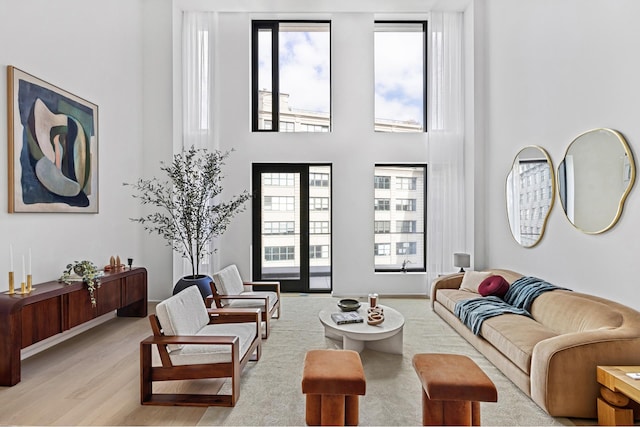 living room featuring light wood finished floors and a high ceiling