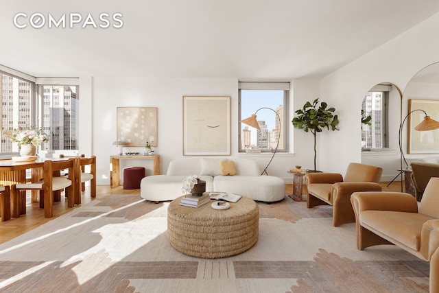 living area featuring plenty of natural light and light wood-style floors