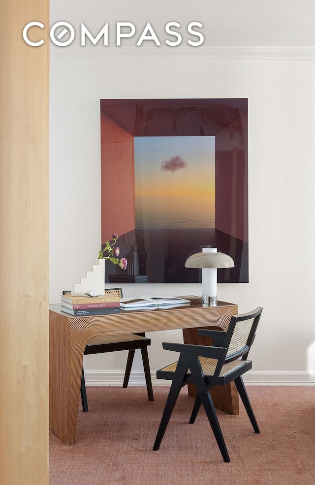 office with carpet flooring and crown molding