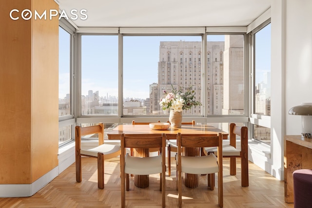 dining room with a city view