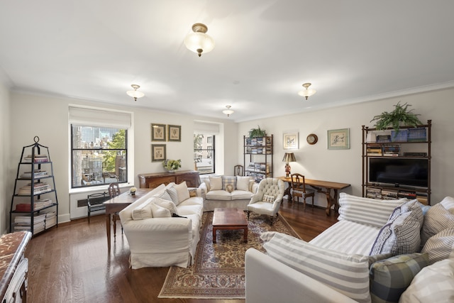 living room featuring dark wood-type flooring and crown molding