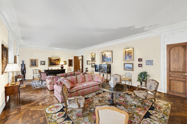 living room with dark parquet flooring and ornamental molding