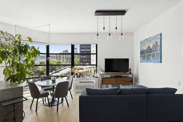 living room featuring a wall unit AC and light wood-type flooring