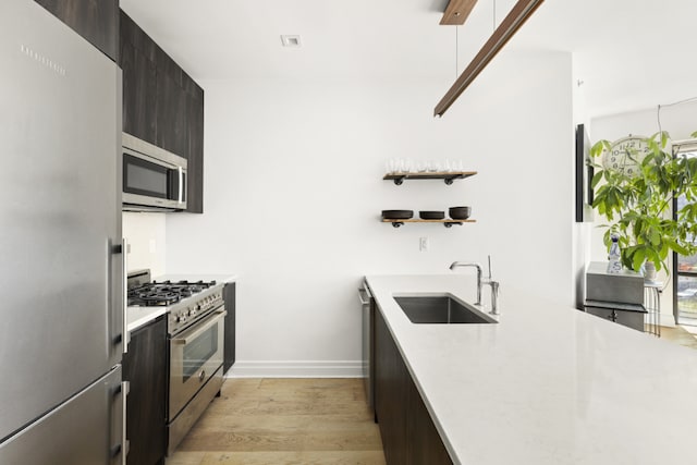 kitchen with dark brown cabinetry, sink, stainless steel appliances, and light hardwood / wood-style floors