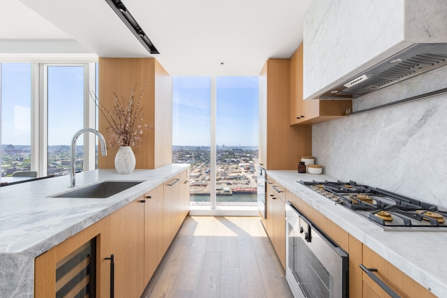 kitchen with wood finished floors, a sink, wall chimney range hood, tasteful backsplash, and stainless steel gas stovetop