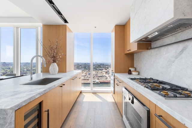 kitchen with a sink, light wood finished floors, stainless steel appliances, backsplash, and wall chimney range hood