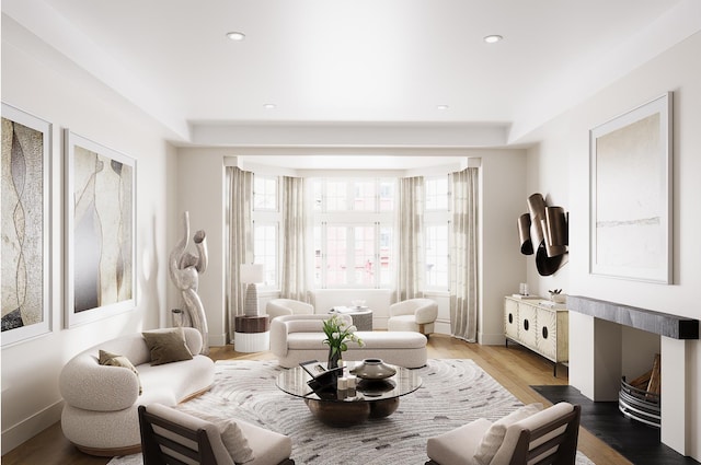 sitting room with recessed lighting, wood finished floors, and baseboards