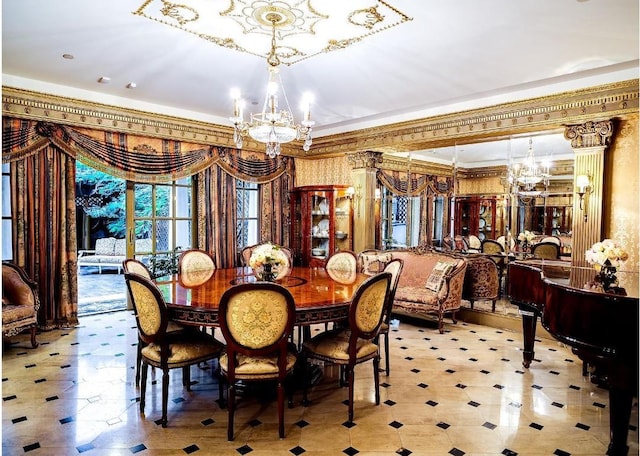 dining space with crown molding and a notable chandelier