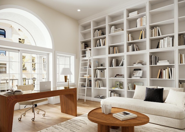 7 E 69th St, New York City, NY 10021 - home office with wood finished floors, built in features, and recessed lighting