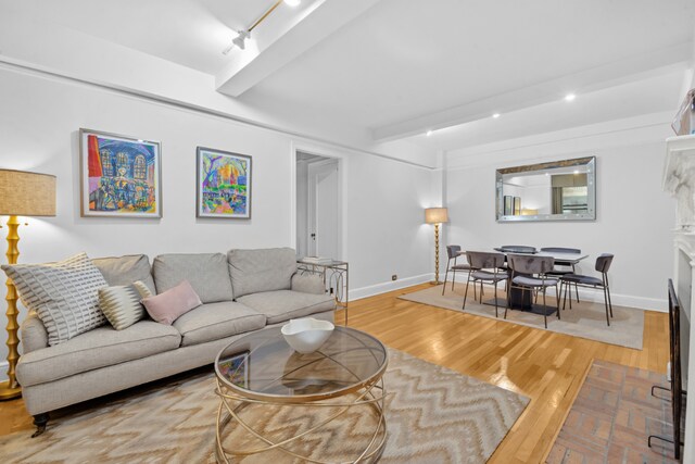 living room with wood-type flooring, beamed ceiling, and rail lighting