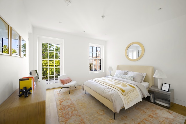 bedroom with multiple windows and wood finished floors