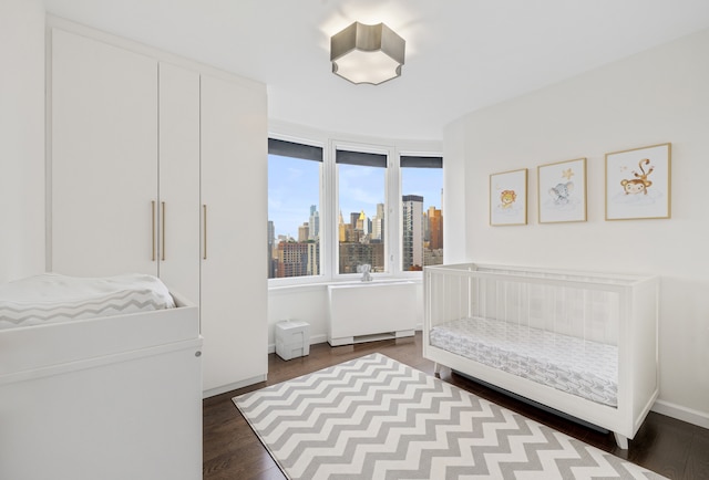 bedroom featuring dark wood-type flooring, radiator, a city view, and baseboards