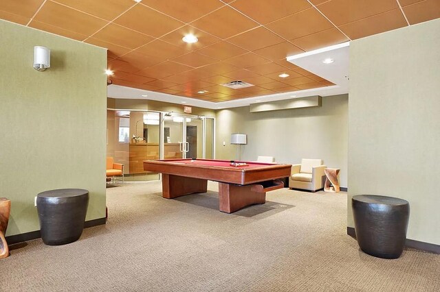 game room with carpet floors, pool table, recessed lighting, and baseboards