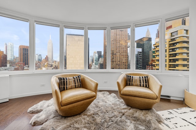 sitting room with a view of city, baseboards, and wood finished floors