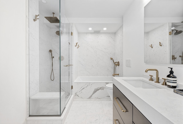 bathroom featuring toilet, vanity, marble finish floor, a marble finish shower, and a tub with marble appearance