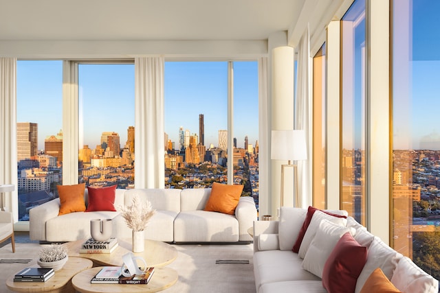 living area featuring a view of skyline and plenty of natural light