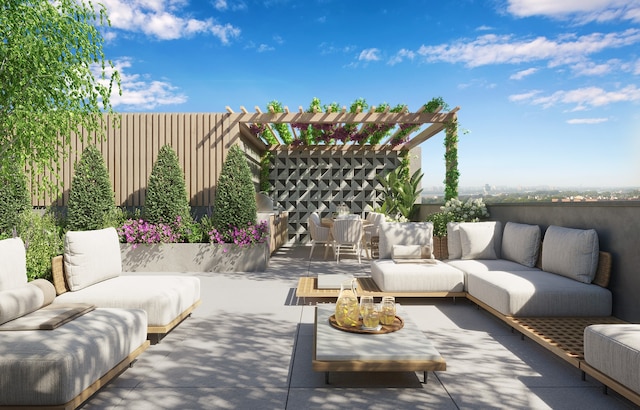 view of patio with fence, an outdoor hangout area, and a pergola